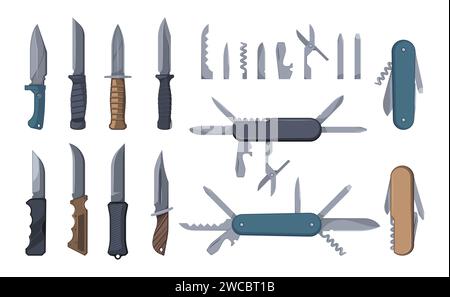 Messer und Multiwerkzeuge. Armee-Zange mit Gummigriff Überlebenskit, Cartoon-Arbeitswerkzeug zum Öffnen von Flaschen, Schrauben, Schneiden, Trimmen. Vektorsatz der Klinge Werkzeugmesser Illustration Stock Vektor