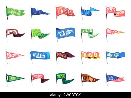 Waldcamping Wimpel. Sommer-Wildnis-Expeditionsabzeichen mit Wanderausrüstung und Lagerfeuer. Vektor flache Banner mit Wandermotto und Erkundungskonzept der Outdoor Wimpel Abenteuer Illustration Stock Vektor