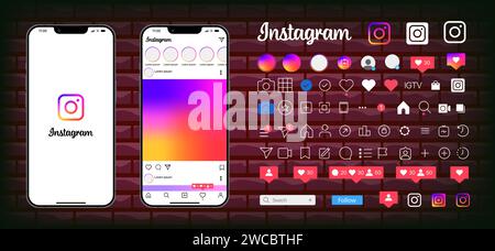 Instagram-Vorlagen-App-Bildschirme auf Apple iPhone Vektorsatz. Realistische Instagram-Benutzeroberfläche auf Smartphone: Profil, Foto, Nachricht, Geschichte, Gefällt mir, Streamen Stock Vektor