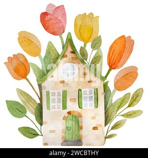 Handgezeichneter Aquarell Vektor Illustration zeigt Ein charmantes Landhaus mit Tulpen Stock Vektor