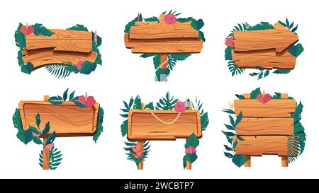 Hölzerne Banner mit Pflanzen. Exotische florale Richtungszeichen, dekorativer Naturrahmen mit Blättern und Blumen. Vektor isolierter Satz floraler hölzerner Fahne Illustration Stock Vektor