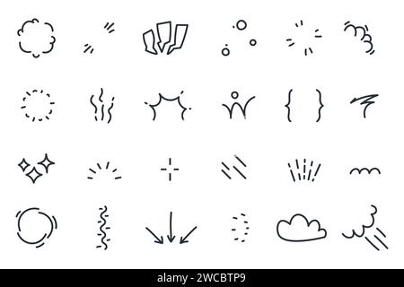 Emotionszeichen für Manga-Charaktere. Kritzeln Sie komische Emotionen mit verschiedenen Symbolen, Ausrufezeichen und Fragezeichen. Vektor-isolierte Sammlung von Manga-Linien-weißen Illustrationen Stock Vektor