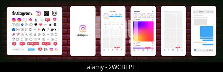 Instagram-Design. Legen sie die Vorlage für soziale Medien und die Schnittstelle für soziale Netzwerke auf instagram-Bildschirm fest. Instagram-Bilderrahmen. Geschichten, gemocht, gestreamt. Editorial ve Stock Vektor