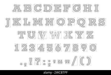 Technische Schriftart. Abstrakte, handgezeichnete Buchstaben, geometrische Alphabetskizze mit Doodle, alte Stiftsymbole. Vektorsatz der Typografie Illustration des technischen Typs Stock Vektor