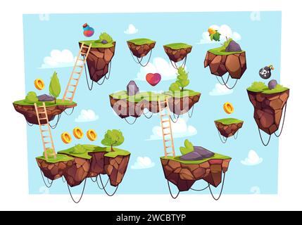 Spielniveau mit fliegendem Boden. 2D-Cartoon-Bühne mit Münzen, Herzen, Holztreppen, Gras und Steinen für mobile Plattformspiele. Vektor-Illustration der Bodenspielebene, Plattformlandschaft Stock Vektor