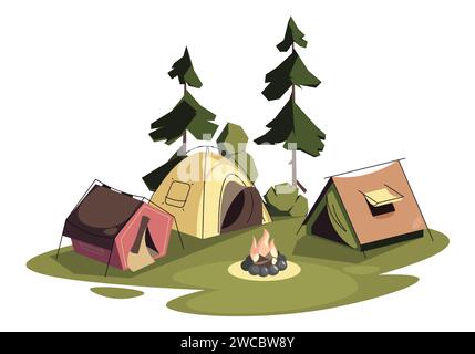 Camping im Wald mit Zelten. Cartoon Sommer Trekking Konzept mit Camping in den Wäldern, Outdoor-Lichtblick mit Zelten und Feuer. Vektor-Illustration von Wandern Sommer Outdoor Reise Stock Vektor