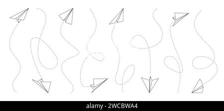 Flugzeugleitungen aus Papier. Kritzele Origami-Pfeile für Flugplan-Route, gefaltete Flugzeuge mit Strichlinien. Vektorsammlung der Origami-Planpapier-Illustration mit Linie Stock Vektor