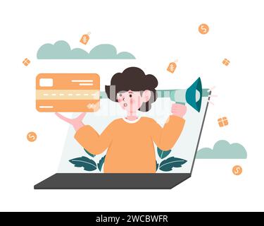 Sonderangebot für Karteninhaber und Cashback beim Online-Shopping. Flacher Vektor Illustration Mann hält eine große Kreditkarten und schreien mit Stock Vektor