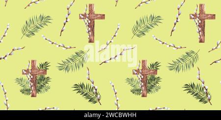 Niedlicher Aquarelldruck mit Holz und Blatt Kreuz für Ostern oder Taufeinladung, palmensonntag Dekoration. Nahtloses christliches Themenmuster für des Stockfoto