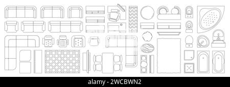 Lineare Innenmöbel, Draufsicht. Wohnraum, Küche, Schlafzimmer mit Sessel, Sofa und Bett. Wohndekoration Plan Vektor Konzept. Abbildung des Innenmöbelplans Stock Vektor