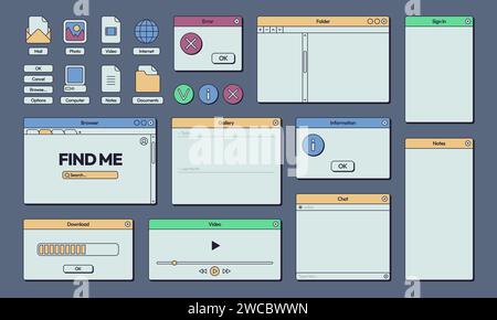 Retro-Schnittstelle. Elemente der Computer- und Internet-Benutzeroberfläche aus den 80er-Jahren, trendige Rahmen und Tasten aus den 90er-Jahren. Vektorpost- und Anrufbenachrichtigungsschnittstelle des Schnittstellenfensters der Computer 90s und 80s Stock Vektor
