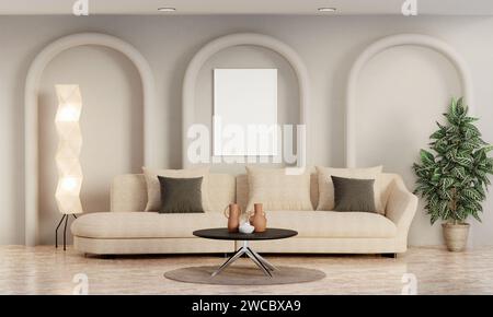 Wohnzimmer mit weißem Bilderrahmen an weißer Wand, minimalistischem Sessel und Pflanzen, realistischer Beleuchtung. Dekoriertes Wohnmockup, 3D-Rendering Stockfoto