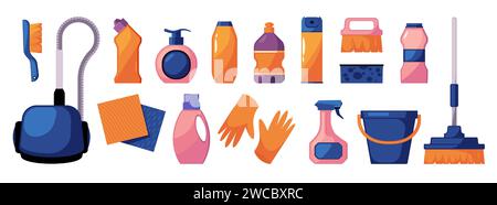 Reinigungszubehör. Reinigungswerkzeug-Set, Haushaltsreinigungsmittel, Flüssigbleichflasche für chemische Reinigungsmittel, Haushaltsentsorgung. Vektorsatz von Werkzeugen für Hausarbeit und sauberere allgemeine Ordnung Illustration Stock Vektor