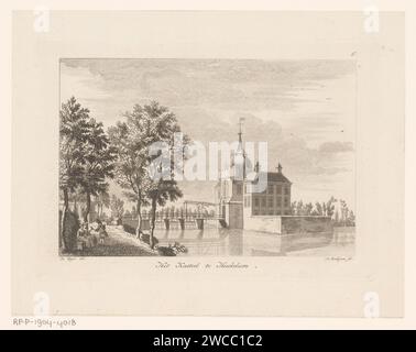 Blick auf Schloss Merckenburg, Antoine Radigues, nach Jan de Beijer, 1731 - 1809 Druck oben rechts: 6. Papiergravur Landschaft mit Turm oder Schloss Heukelum Stockfoto