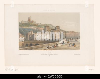 Ansicht der Pont Tilsitt und der Kathedrale Saint-Jean in Lyon, Isodore-Laurent Deroy, vor 1861 Druckerei: ParisAfter Zeichnung von: Lyonprinter: Parispublisher: Pariser Papierkirche (außen). Brücke in der Stadt über Fluss, Kanal usw. Aussicht auf die Stadt, Stadtpanorama, Silhouette der Stadt (+ Stadt(-Landschaft) mit Figuren, Personal) Lyon Kathedrale Stockfoto