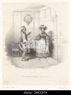 Der alte Mann gibt der jungen Frau einen Brief von einem Anonymen Jean Francois Benard, 1832 - 1850 Druck der alte Mann gibt der jungen Frau einen Brief und sagt: "Von diesem jungen Mann, wissen Sie? Paris Papier. Papierhinterziehende, junge Frau, Jungfrau. Liebhaberin mit Liebesbrief Stockfoto