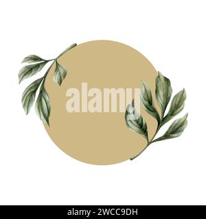 Kranz aus grünen Pfingstrosenblättern mit beigem runden Hintergrund. Floral Aquarell Illustration Hand gemalt isoliert auf weißem Hintergrund. Perfekt für die Hochzeit Stockfoto