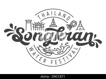 Songkran thailand Wasserfestival Logotypendesign mit linearem Symbol des thailändischen Symbols: buddha, Tempel, Blumengirlande, Pagode, Riesenschaukel und Wasserspritzer Stock Vektor