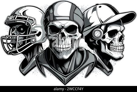 Drei Schädel, die an Sport erinnern, American Rugby und Baseball. Stock Vektor