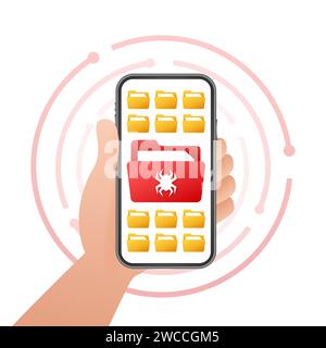 Vektorillustration einer Hand, die ein Smartphone hält und einen Ordner anzeigt, der mit Malware infiziert ist, Konzept für Cybersicherheit und Datenschutz Stock Vektor