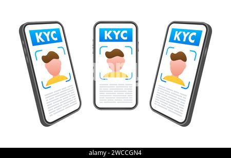 Digitaler KYC-Prozess auf Smartphone mit Gesichtserkennungstechnologie für die Vektor-Illustration der Benutzeridentitätsüberprüfung Stock Vektor