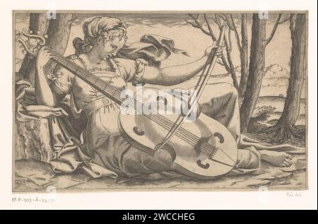 Muze a Viola da Gamba spielt, René Boyvin (Werkstatt), nach Luca Penni, 1535–1598 Druckpapier Gravur Viola, Violoncello; Kontrabass. Eine Person, die Streichinstrument spielt (gebeugt). Einzelne Musen Stockfoto