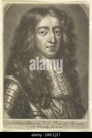 Porträt von Wilhelm III., Prinz von Orange, Abraham BLOTELING, 1670–1690 gedrucktes Porträt von Willem III Sein Name am unteren Rand. Amsterdam Papier Stockfoto