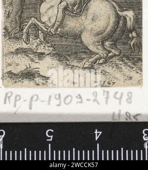 Römischer Reiter zu Pferd, Abraham de Bruyn, 1567 druckt Einen römischen Soldaten zu Pferd, fährt nach links. Die Pferdezüchter. Antwerpener Papierstich Kriegsführung; militärische Angelegenheiten (+ Kavallerie, Reiter) Stockfoto
