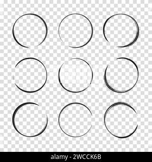 Kollektion, handgezeichnet, runde Form. Satz kreisförmiger Rahmen. Skizze kreisförmiger Kritzeleien mit einer Markierung. Vektordarstellung auf transparentem Hintergrund. Stock Vektor