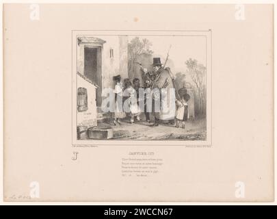 Neujahrstag, Nicolas Toussaint Charlet, 1835 Print Ein großzügiger Großvater, voller Spielzeug, ist umgeben von fünf Enkeln, die ihm ein frohes neues Jahr wünschen. Pariser Zeitung 1. Januar ( Festlichkeiten). Geschenke bringen; Geschenke austauschen. Spielzeuge. Großelternteil(e) mit Enkelkind(en) (Familiengruppe) Stockfoto
