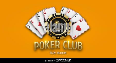 Concept Poker oder Casino. Vektorplakat für die Meisterschaft. Realistischer Spielchip mit dem Anzug von Schlägern und dem Spielen von Ass-Karten aller Anzüge. Glücksspiel Stock Vektor