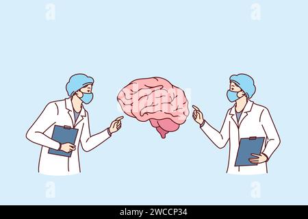 Neurochirurgen Ärzte untersuchen das Gehirn des Patienten und führen Analysen durch, um nach Möglichkeiten zur Behandlung der alzheimer-Krankheit zu suchen. Neurochirurgen in weissen Mänteln nehmen an Sprechstunde Teil und diagnostizieren krank Stock Vektor