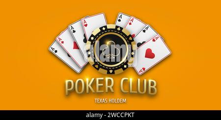 Concept Poker oder Casino. Vektorplakat für die Meisterschaft. Realistischer Spielchip mit dem Anzug von Schlägern und dem Spielen von Ass-Karten aller Anzüge. Glücksspiel Stock Vektor