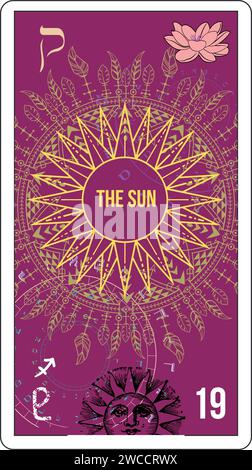 Ägyptische Tarot-Karte Nummer 19, genannt die Sonne. Abstrakte Illustration neben einer Lotusblume. Stock Vektor