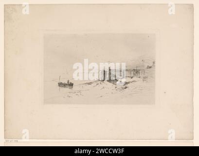 Küstenlandschaft mit Boot im Wasser und einem Boot am Ufer, Frans-Hühner, 1884 Druckpapierätzschiffe, Boote an Land, Strand. Landschaften mit Gewässern, Wasserlandschaften, Meereslandschaften (in der gemäßigten Zone) Stockfoto