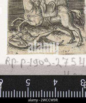 Römischer Reiter seines Pferdes angehoben, Abraham de Bruyn, 1567 Druck Ein römischer Soldat fiel von seinem Pferd. Pferd nach links. Antwerpener Papierstich Kriegsführung; militärische Angelegenheiten (+ Kavallerie, Reiter) Stockfoto