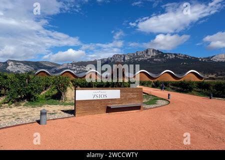 Bodega Ysios Weingut mit seinem unverwechselbaren Dach, entworfen von Santiago Calatrava, am Fuße der Sierra Cantabria, La Rioja, Spanien, Europa Stockfoto