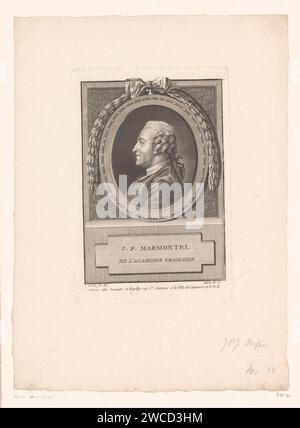 Portret van Jean Marmontel, Jean Pierre Julien Dupin (II), nach Charles Nicolas Cochin (II), 1766 - 1786 Druckgraphiker: Franziskus: Pariser Papierstich / Gravur historischer Personen. Porträt eines Schriftstellers. Ornament  Medaillon Stockfoto