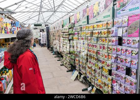 Person, die Saatgutpakete auf dem Regal im Gartencenter, Großbritannien, ansieht Stockfoto