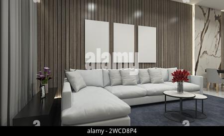 Wohnzimmerdesign der Suite mit luxuriösem Sofa und Holzpaneelhintergrund Stockfoto