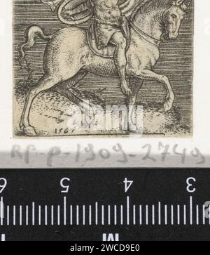 Römischer Reiter zu Pferd, Abraham de Bruyn, 1567 druckt Einen römischen Soldaten zu Pferd, fährt nach rechts. Antwerpener Papierstich Kriegsführung; militärische Angelegenheiten (+ Kavallerie, Reiter) Stockfoto