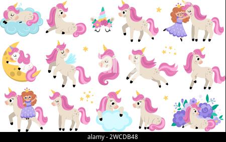 Vektor-Einhorn-Set. Fantasy-Tierkollektion mit gelbem Horn und rosa Mähne. Märchenhafte Pferdefigur sitzt, läuft, umarmt mit Fee, schläft Stock Vektor