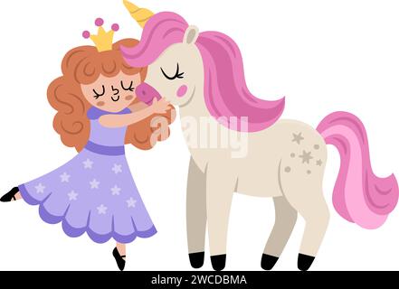 Vektor-Fee-Symbol. Fantasy-Zauberin mit Krone, umarmt ein Einhorn mit rosa Haaren. Märchenhafter Charakter in lila Gewand mit Sternen. Cartoon Zauberprinzen Stock Vektor