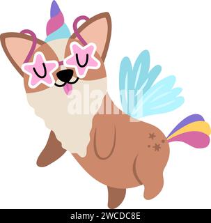Vektor glücklicher Corgi Hund Einhorn. Fantasy-Tier mit Regenbogenhorn und -Schwanz, Blumen auf dem Kopf, Flügel, Sterne. Märchenfigur für Kinder. Zeichentrickzauber Stock Vektor