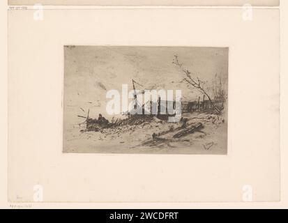 Küstenlandschaft mit Boot im Wasser und einem Boot am Ufer, Frans-Hühner, 1884 Druckpapierätzschiffe, Boote an Land, Strand. Landschaften mit Gewässern, Wasserlandschaften, Meereslandschaften (in der gemäßigten Zone) Stockfoto