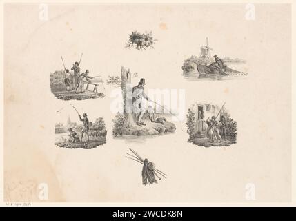 Fünf Aufführungen mit Fischern, Anonymous, 1809 - 1899 drucken eine der vier Szenen zeigt eine Netzfischerei, die anderen vier sind Angler. Papierfischer Stockfoto