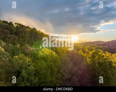Sonnenuntergang über der bewaldeten Landschaft des Coopers Rock State Forest, mit Strahlen, die durch die Wolken ragen Stockfoto