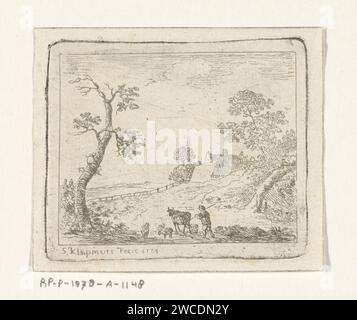 Landschaft mit einem Hirten, Simon Klapmuts, 1774 Druck in einer hügeligen Landschaft treibt ein Hirte sein Vieh. Im Hintergrund zwei Bauernhäuser und ein paar Bäume. Moordrecht Papierätzkuh. Schafe. Hirten, Hirten, Hirten, Hirten, Hirten, Hirten, Hirten, Kuhhirte usw. Bauernhof oder einsames Haus in der Landschaft Stockfoto