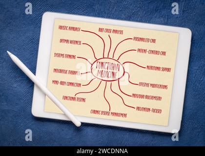 Funktionelle Medizin Infografiken oder Mindmap Skizze auf einem digitalen Tablet, ganzheitliches Gesundheitskonzept Stockfoto