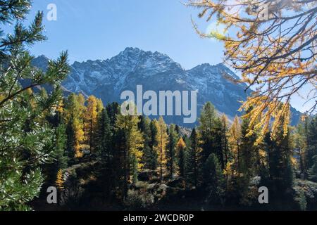 Herbstlicher Weitblick im Val da Camp mit seinen faszinierenden Bergseen Stockfoto